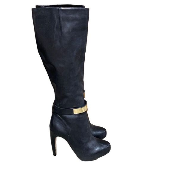 Sam Edelman Klara Black Leather Gold Buckle Knee High Heeled Boots Size 8 - Picture 1 of 9